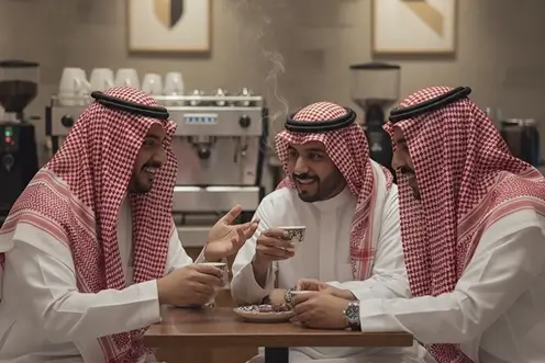 Three friends chatting over coffee